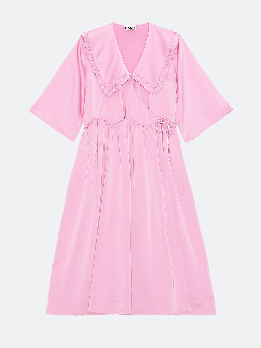 Smocked Satin Ruffle Collar Wrap Dress ...